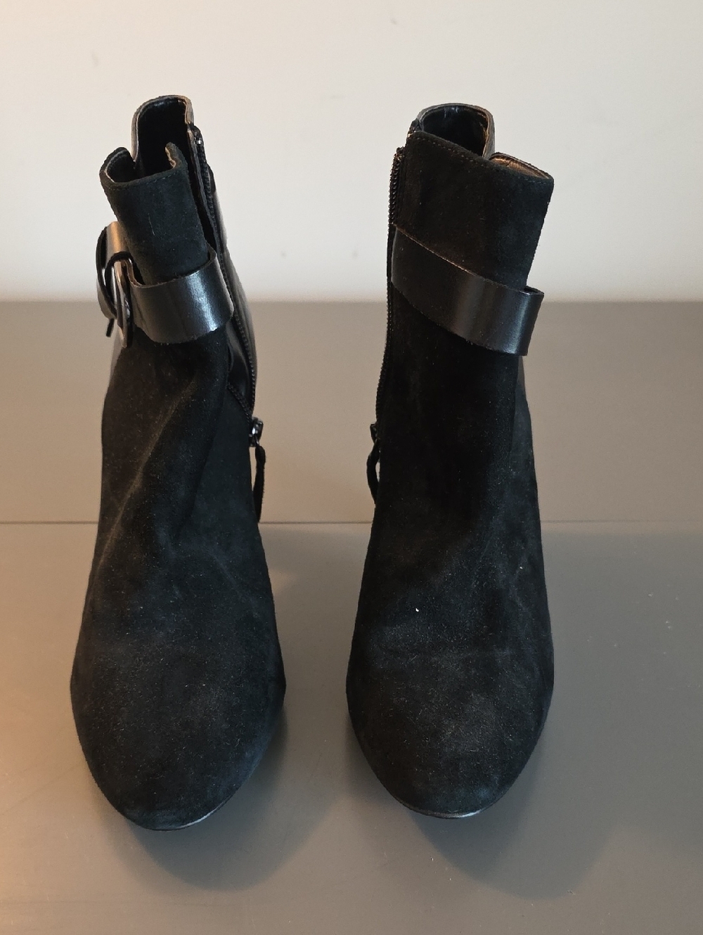 Women's Black Suede Ankle Boots with Buckle Strap